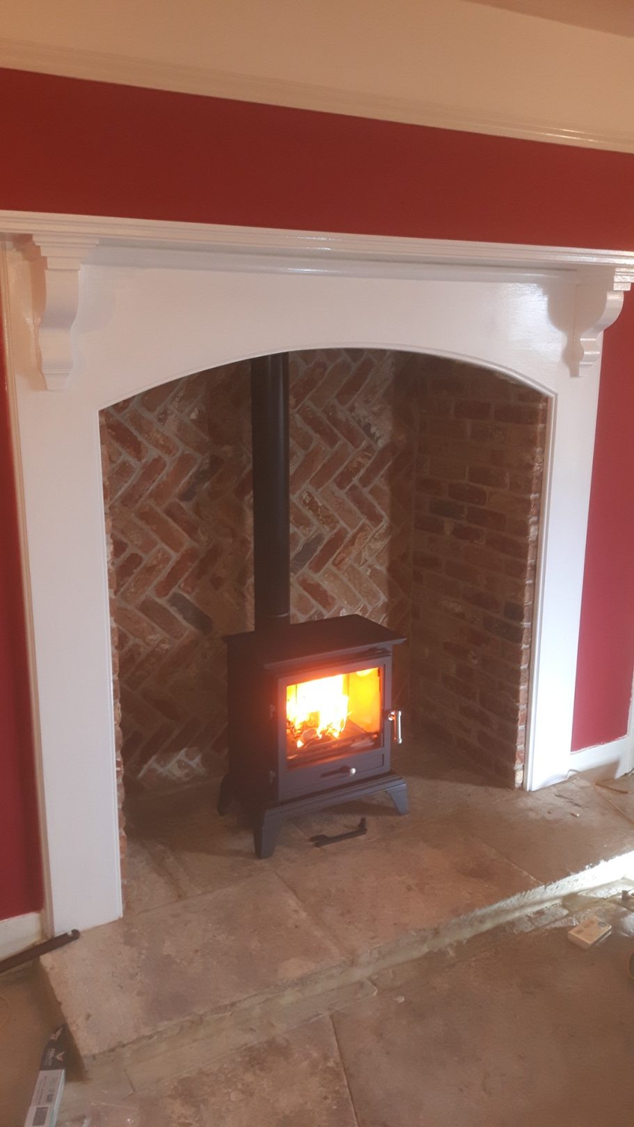 With the flu liner installed and the fire connected a new log burner was installed. With the flu liner installed and the fire connected a new log burner was installed.
