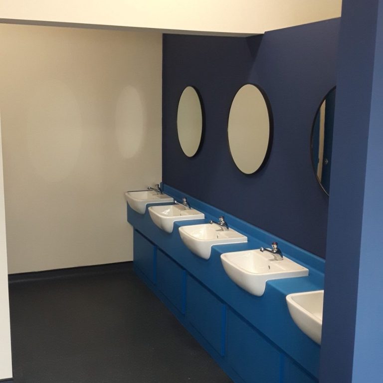 Public toilet toilets bathroom basin urinals urinal sink sinks basins blue Seaton Gateway Theatre Company Devon bespoke water closet W/C