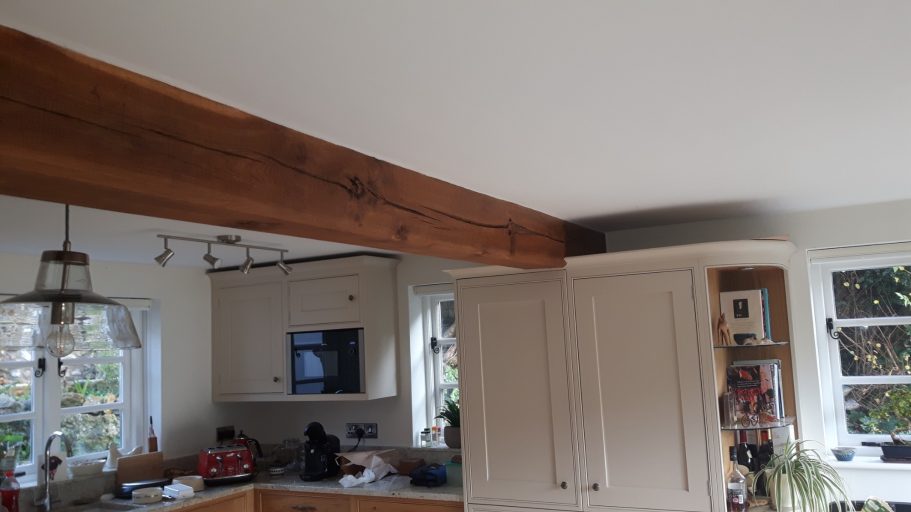 A 26 foot long oak beam supports the weight above the kitchen. A 26 foot long oak beam supports the weight above the kitchen.